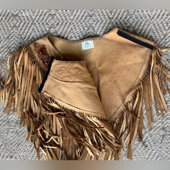 Vintage Brown Tan Suede Fringe Shawl Western Collar Floral Beading Festival - Picture 7 of 7